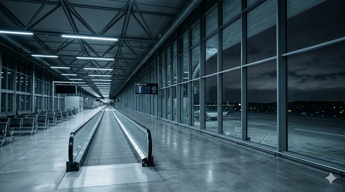 Terminal d'aéroport vide la nuit, baie vitrée et tapis roulant sous une lumière bleutée