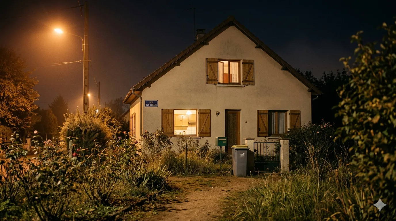Pavillon de banlieue française la nuit sous la lumière orangée d'un lampadaire municipal