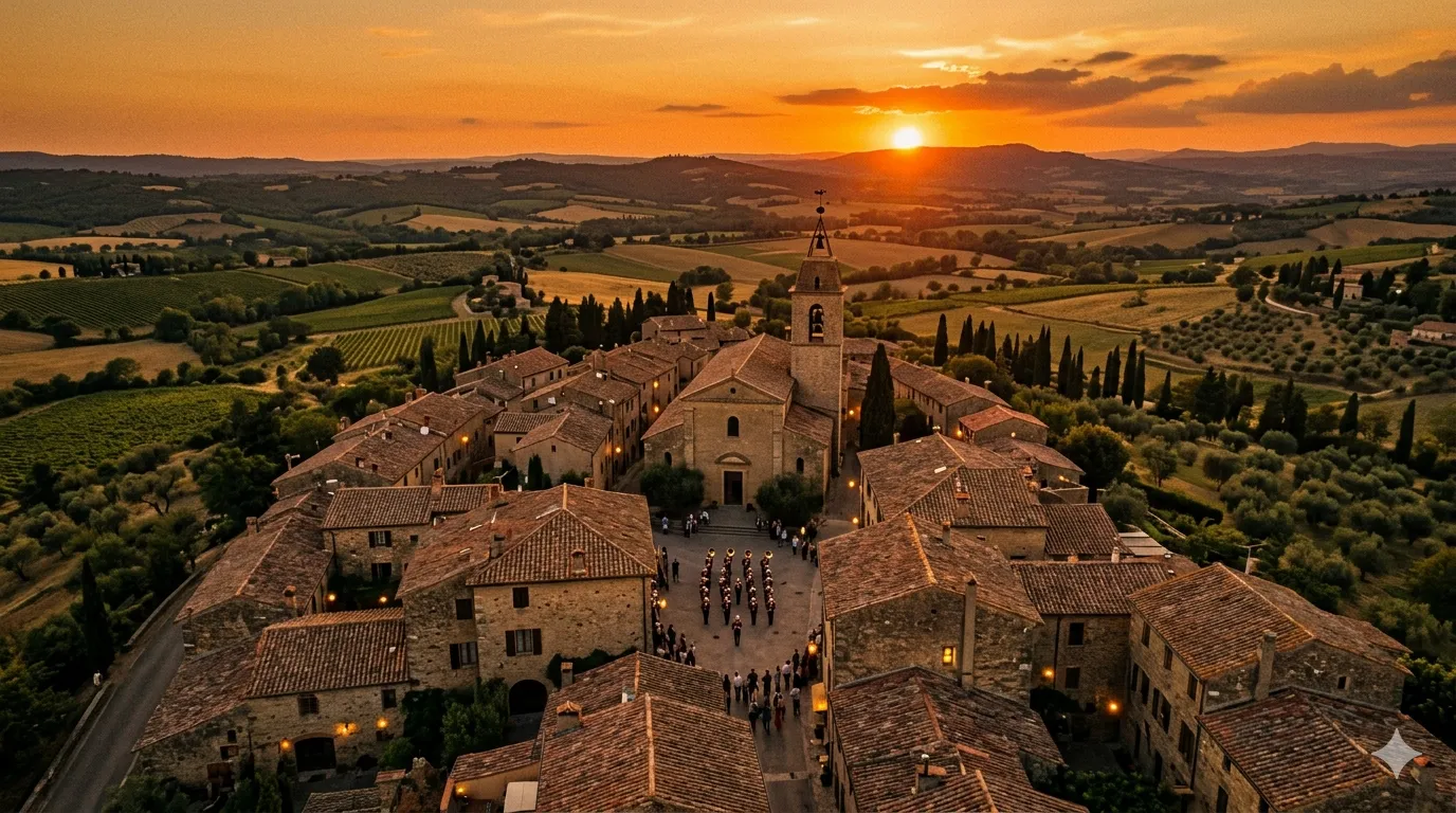 Village français vu de haut au coucher du soleil, clocher au centre, collines dorées à l'arrière-plan